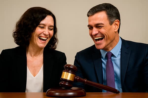 Isabel Ayuso y Pedro Sanchez riendose de mazo juez